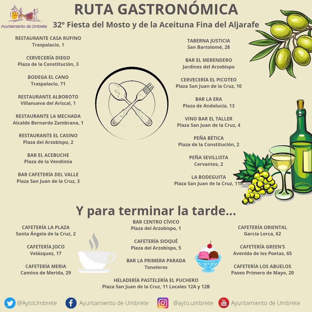 🥘 RUTA GASTRONÓMICA 🥘
🫒🍇 32° Fiesta del Mosto y de la Aceituna Fina del Aljarafe 🍇🫒

🗓 Sábado 13 y domingo 14 de noviembre.
🫒🍇 Mosto y aceitunas gratis con consumición en bares y restaurantes participantes. 

Te esperamos‼️

#Umbrete #FiestaDelMostoYDeLaAceitunaFina21