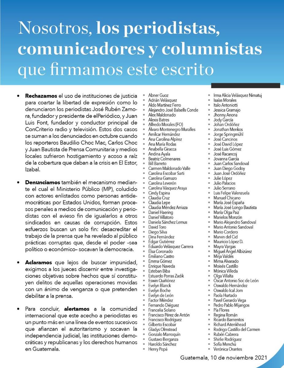 PlazaPublicaGT's tweet photo. Periodistas y comunicadores rechazan que la actual manipulación de la justicia que pretende coartar la libertad de expresión. https://t.co/j3JqnGsVLj