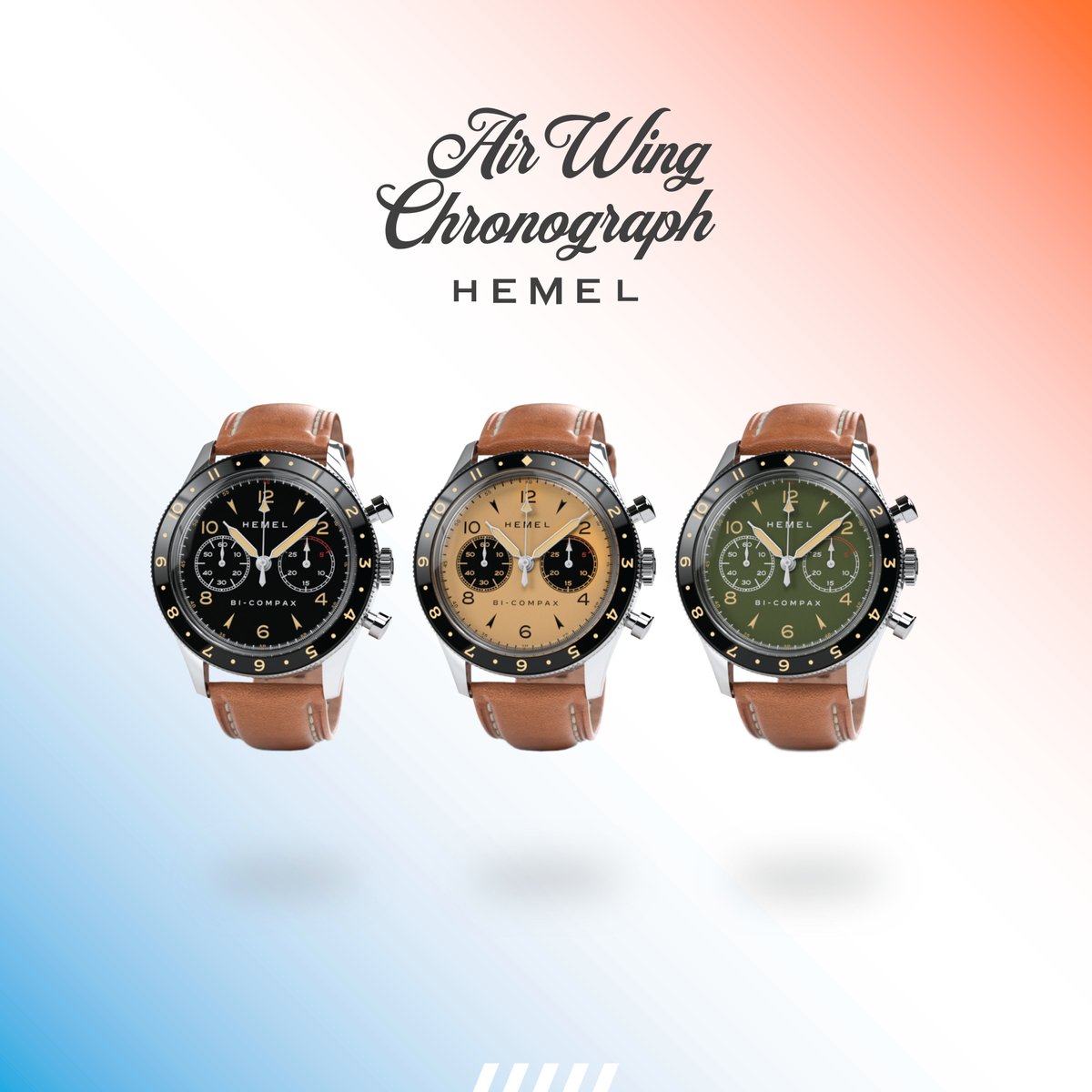 Our new hand winding chronograph is spectacular. With a thoughtfully appointed dial, polished finish, narrow bezel and slender strap, the Air Wing offers a more refined motif for Hemel. Choose from 3 colors:

bit.ly/3onQWGC

#horology #RedNotice