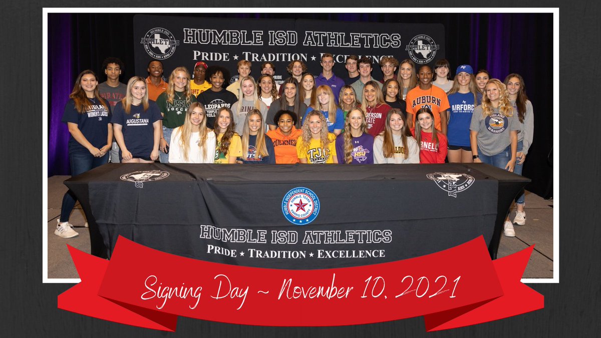 Congratulations to 38 #HumbleISD student athletes who signed letters of intent to participate in college athletics! The district hosted the signing day event November 10 at the Humble Civic Center. 
Read about the athletes and see photos at  bit.ly/3ksgsJA.