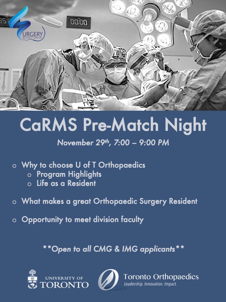 Calling all CaRMS applicants! Please join us for our pre-match info night November 29 to learn all about Toronto Orthopaedics and why you should train with us!