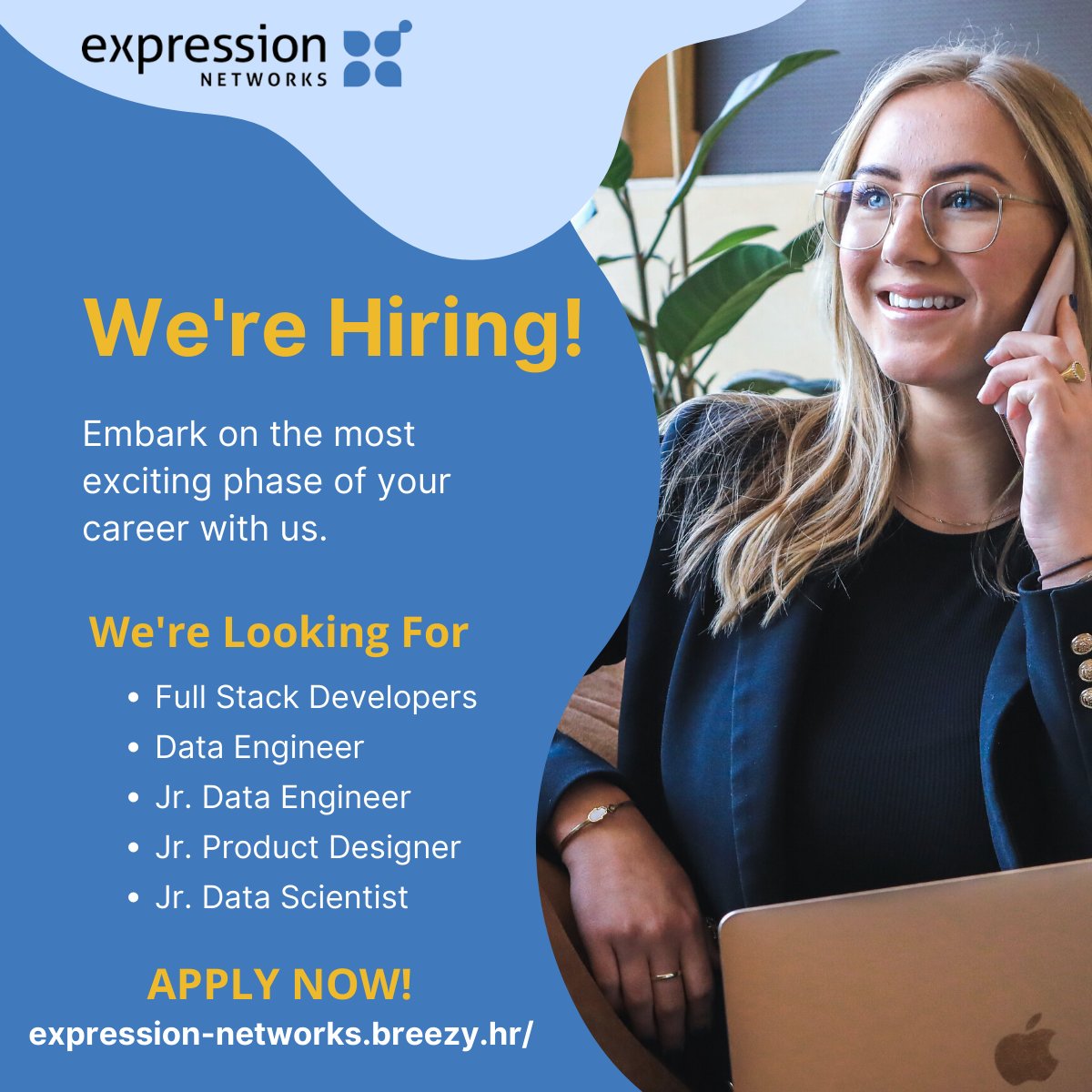 expr_ai's tweet photo. We Are Hiring! 

Expression Networks is looking for talented Full Stack Developers, Data Engineers, Data Scientists, and Product Designers to join our growing team. 

Don't miss the opportunity to work on our exciting and impactful projects!

Apply Now at https://t.co/wSrClucqlB https://t.co/snqbpVAKlM