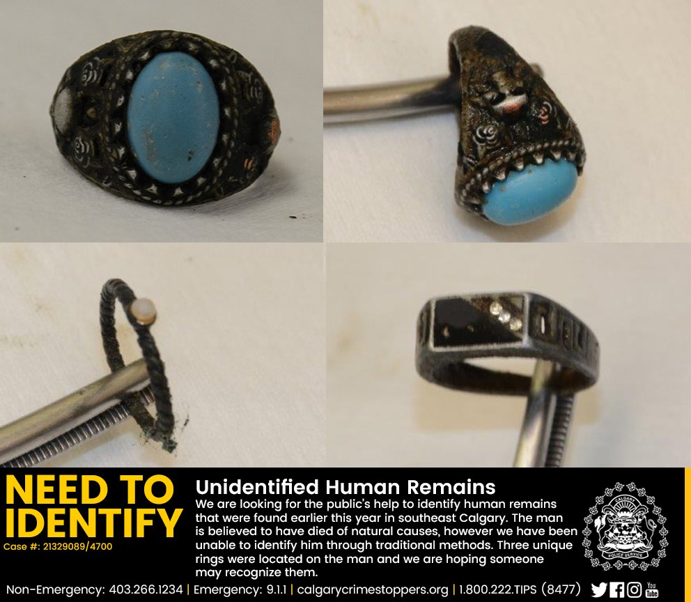 Earlier this year we located the human remains of a man, and despite all of our best efforts, we have not been able to identify him through traditional methods. 

It was determined the man died of natural causes, and he was wearing these distinct rings when he was found.

#yyc