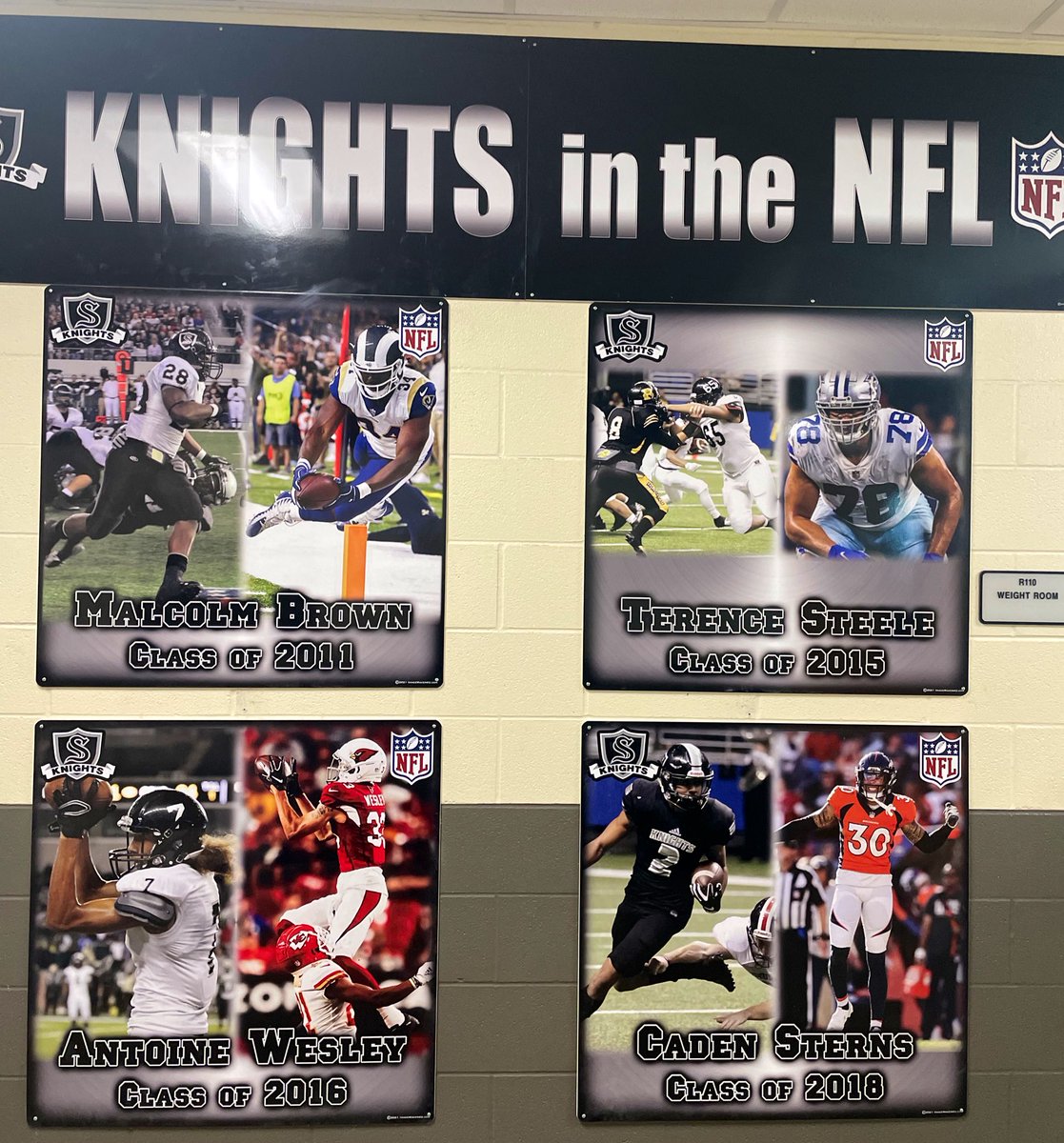 Football_Steele's tweet photo. New signage in the Fieldhouse. Recognizing greatness. Who’s next? #CibolototheNFL #fromoneshieldtoanother #GoKnights https://t.co/mAwhVqLj9w