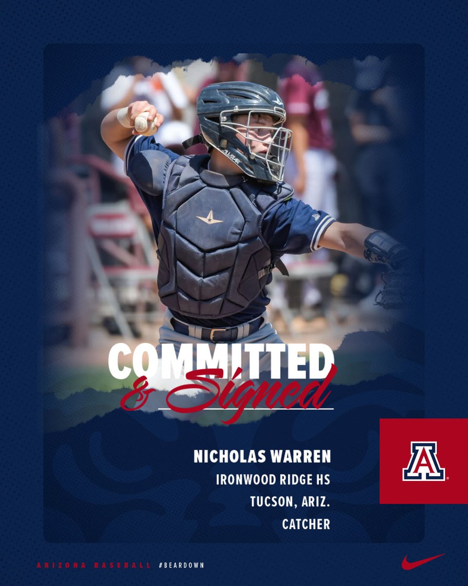 ArizonaBaseball's tweet photo. 🖋️ Signed! @_nwarren12 is staying home in Tucson 🐻⬇️

🏫 Ironwood Ridge HS
📍 Tucson, Ariz.
⚾ Catcher https://t.co/ZHzurjgW8n