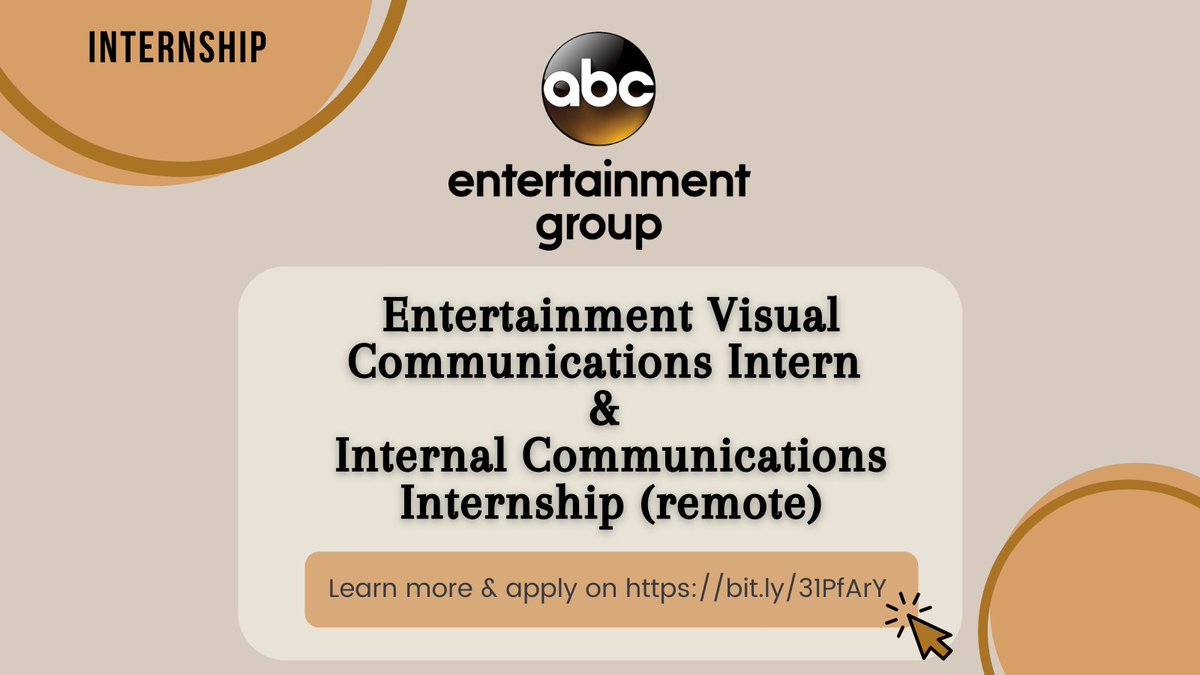 commcsulb's tweet photo. If you are looking for a Spring 2022 internship, ABC entertainment is now looking for Entertainment Visual Communications & Internal Communications Interns!β¨
You can find full details and apply hereβ‘οΈhttps://t.co/uhdyHwwYPX
#csulb #comm #internship #ABCentertainment #Disney https://t.co/Fu5cwkw7yE
