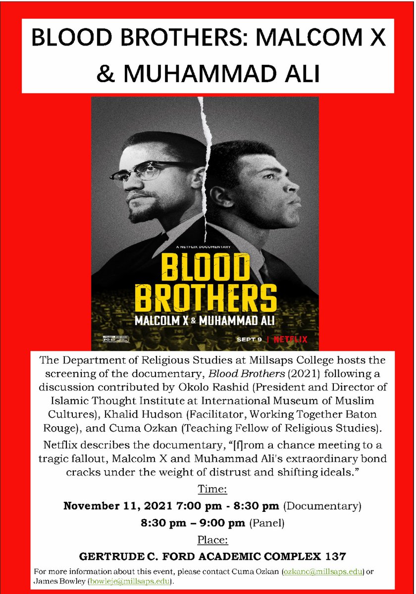 conta.cc/3wxj7Gs
IMMC joins with Millsaps College’s Religious Studies Department
on Panel Discussion and Screening of the Documentary "Blood Brothers (2021)"
TOMORROW, Thursday evening, 11/11/2021
7:00 - 9:00 pm
Gertrude C. Ford Academy Complex