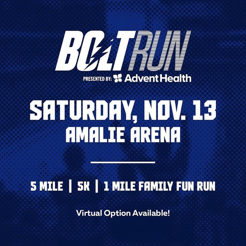 GrowEventsEDI's tweet photo. It’s not too late! Register online now for the 21st annual Bolt Run⚡️present by @AdventHealth and collect your Back-to-Back Stanley Cup inspired finisher's medal as you cross the finish line @AmalieArena!🏅

Register ➡️ https://t.co/2XQY5t94RO https://t.co/CvYaaIneUb