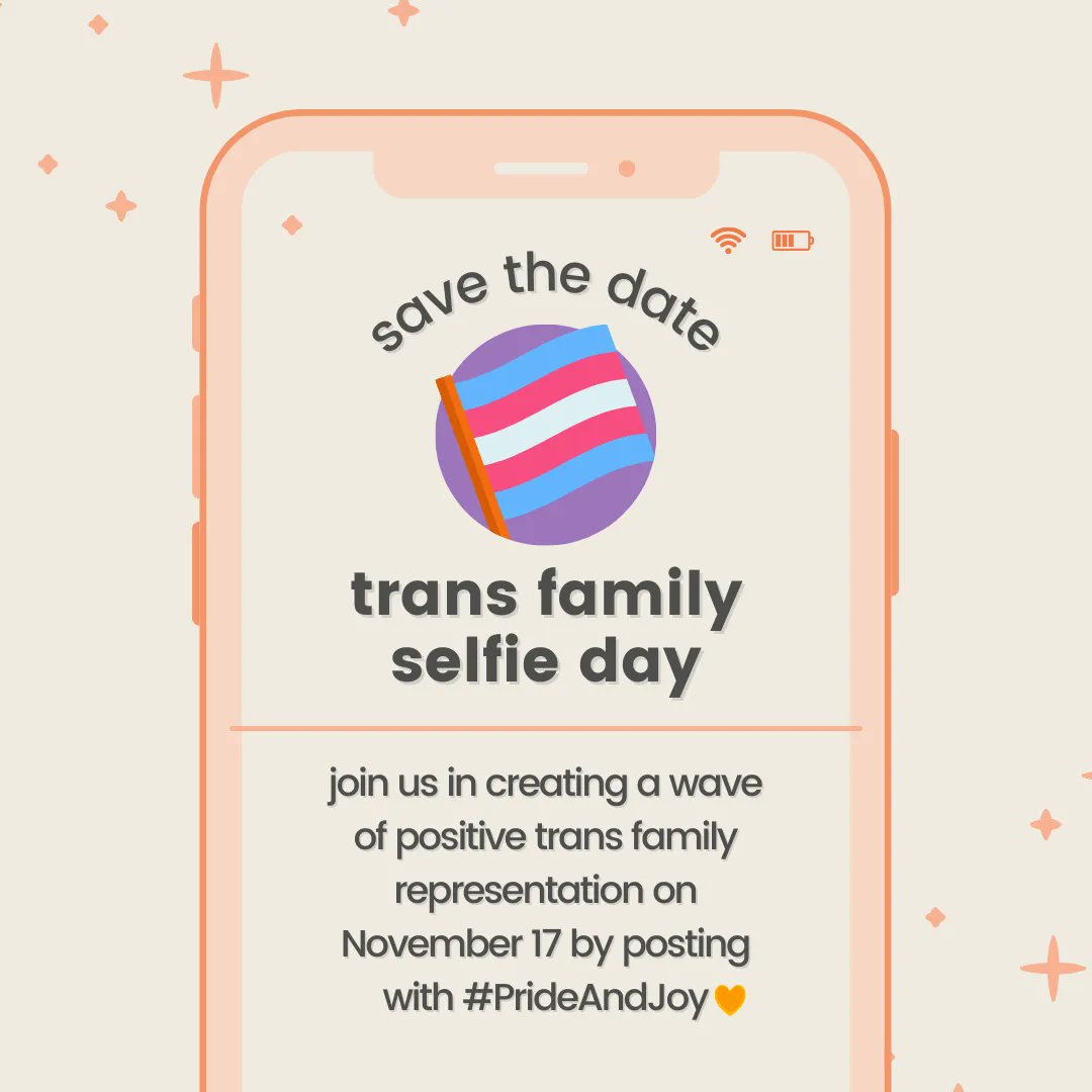 family_equality's tweet image. NEXT WEEK: We're looking to create a wave of positive #transfamily representation to honor and celebrate #TransAwarenessMonth! Join us by posting on social media on November 17, sharing what pride + joy means to your trans family with the hashtag #PrideAndJoy🧡.