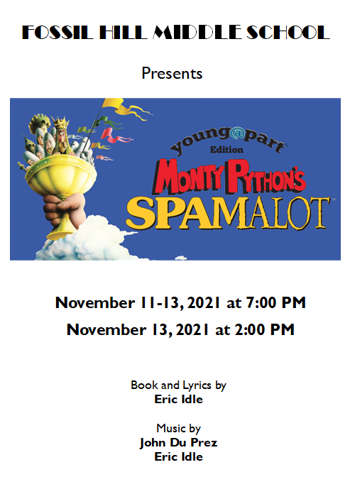 Tomorrow is opening night of FHMS musical Monty Python's Spamalot young@part. You have 4 opportunities to come and enjoy this great production.
November 11, 12 &amp; 13 at 7:00 pm.
November 13 at 2:00 pm.
You won't want to miss it!!! #FossilHillNation #PantherPride #CelebrateKISD