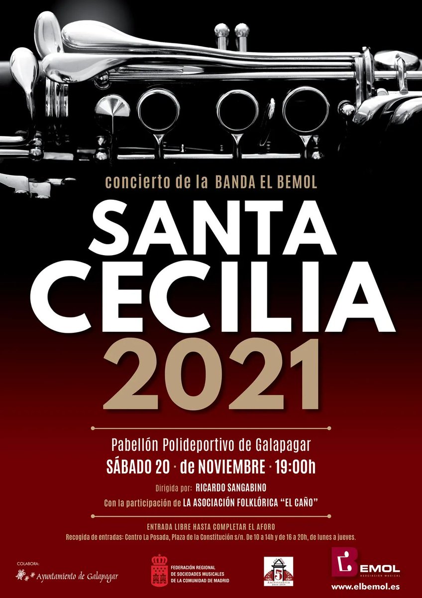 BandaElBemol's tweet photo. CONCIERTO DE SANTA CECILIA 2021

El próximo sábado 20 de noviembre a las 19:00h en el Pabellón Polideportivo de Galapagar.
Con la participación de la Asociación Folklórico Cultural "El Caño".

Entrada libre hasta completar aforo https://t.co/RFwDIpaySP