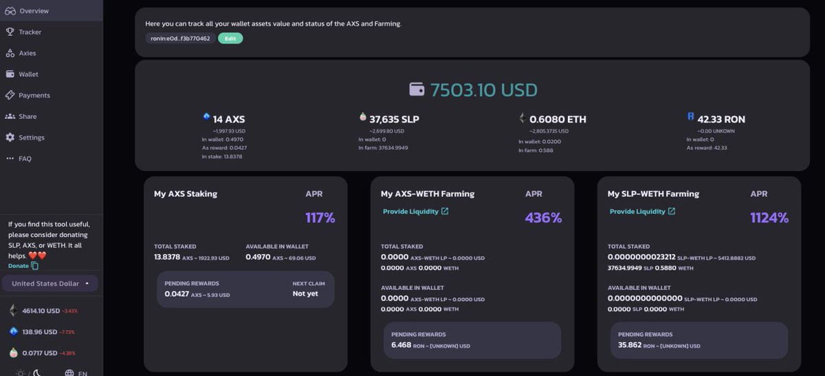 ManagementAxie's tweet photo. We do it again! From our wallet you can check all the assets value (#AXS, #WETH #SLP and #RON) from your main account check all the #axie ecosystem in one place!! 🚀🚀🚀🚀

https://t.co/pHxMIl0j50 https://t.co/hHtfohOXne