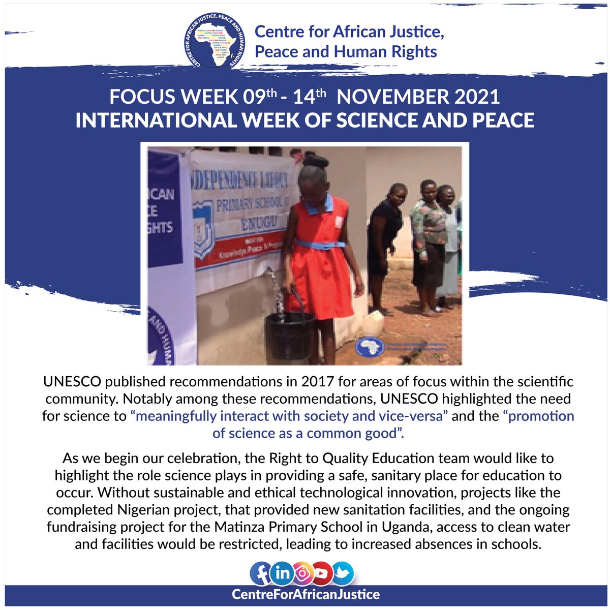 As we continue our celebration, the Right to Quality Education team would like to highlight the role science plays in providing a safe, sanitary place for education to occur. 
#UN #WorldPeace #Science #academia
#UNESCO #InternationalWeekofScienceandPeace
#research #CAJPHR