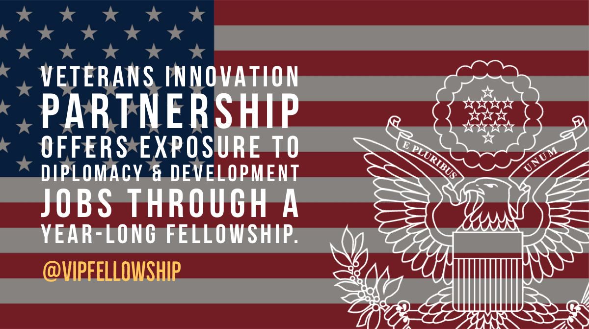 StateDept's tweet photo. Are you a veteran looking for a career in diplomacy? Working for the U.S. Department of State may be the next step in your service. Find out more about the Veterans Innovation Partnership @VIPFellowship: https://t.co/x0pmCBAni4. #Veterans https://t.co/uZXMtxk98S