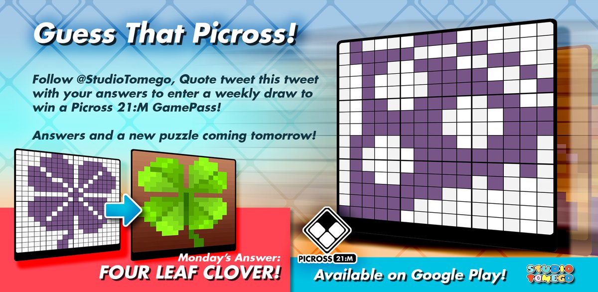 StudioTomego's tweet image. 🚨Did you guess Monday's Picross? It's 4-Leaf Clover!🍀

➡️Play today's 'Guess That Picross!' to win a Picross 21:M GamePass!

👇Instructions below! 

#indiedev #gamedev #indiegame #indiegamedev

Picross 21:M
-Trailer: bit.ly/3pVsPRH
-Google Play: bit.ly/3muXDXw