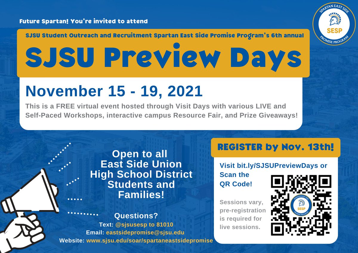 SJSU's tweet photo. 🚨 East Side Union High School District students 🚨 

Join our 6th annual #SJSU Preview Days event Nov. 15 - 19 and engage in various live and self-paced virtual activities to learn how you can be #SJSUBound! ✨

👉 https://t.co/JSclVvjQlS https://t.co/x5jQSlxtTQ
