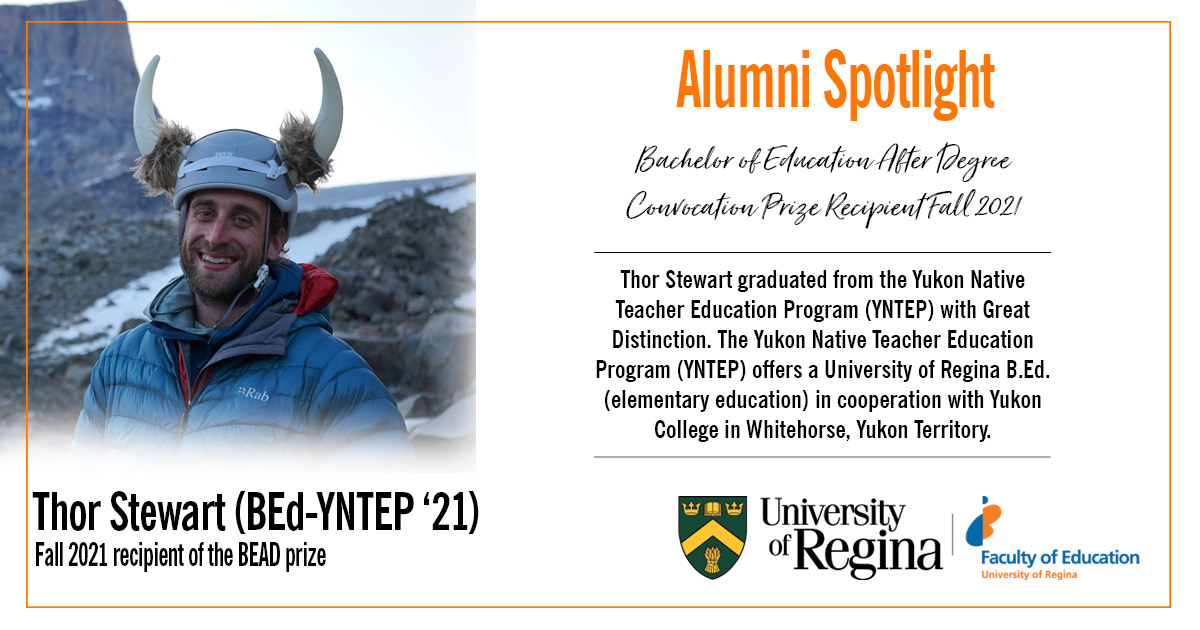 URFacofEd's tweet photo. Thor Stewart graduated from the Yukon Native Teacher Education Program (#YNTEP) with Great Distinction and was the recipient of the Fall 2021 Bachelor of Education After Degree (BEAD) Convocation Prize. Read more at https://t.co/yAaseWCOnQ https://t.co/xmItJG5qvA