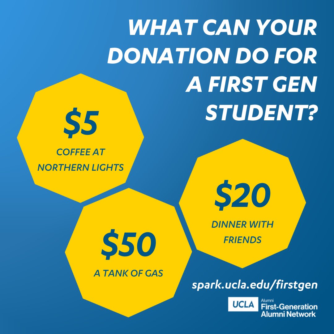 FirstGenAlumni's tweet image. There are still 8 more days to donate!! Help us reach our goal of 50 donors!! spark.ucla.edu/firstgen 
See what your donation can do below. @UCLA_Alumni #uclafirstgen #donate #firstgenbruin #GoBruins #uclaalumni