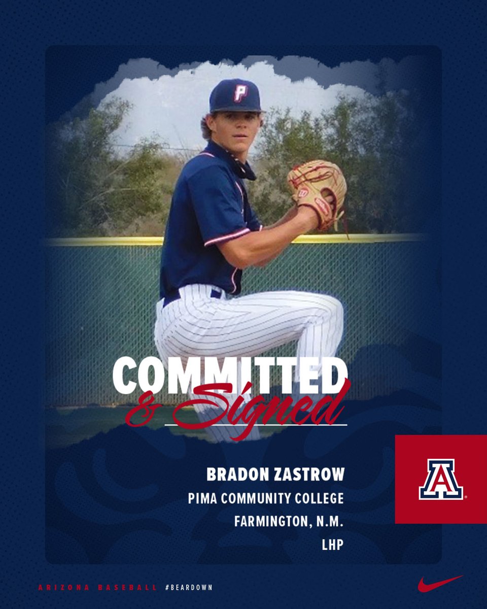 ArizonaBaseball's tweet photo. 🖋️ Signed! Welcome to Tucson, @bradonzastrow33 🐻⬇️

🏫 Pima Community College
📍 Farmington, N.M.
⚾ Left-handed pitcher https://t.co/eLZopTHB1J