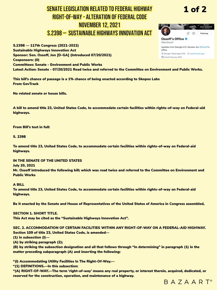 Please look at the first 2 images showing the particulars of this senate Bill S.2398 - Sustainable Highways Innovation Act
Sponsor: Sen. Ossoff, Jon [D-GA], and 1 image of existing federal aid Highway right-of-way code of which this legislation will amend. https://t.co/HFFhLHMJpR