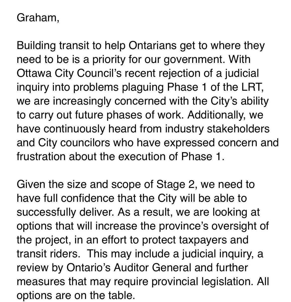 grahamr299's tweet photo. .⁦@C_Mulroney⁩ office confirms our report saying province will be looking for “more oversight” and that they are “increasingly concerned” about #LRT #ottnews #onpoli https://t.co/FYinEAYq3L