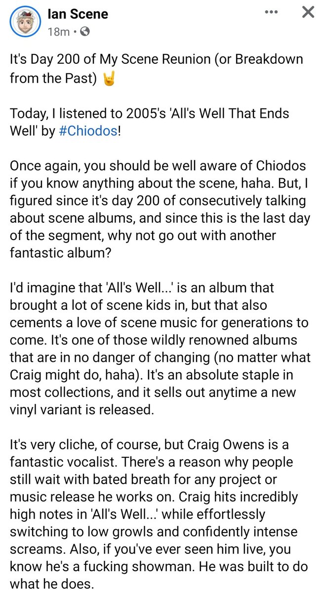 realIanScene's tweet photo. It's Day 200 of My Scene Reunion (or Breakdown from the Past) π€
Today, I listened to 'All's Well That Ends Well' by #Chiodos!
Check out my thoughts below π€
#AWTEW #PostHardcore #screamo #scene #scenetalk #musictalk #scenemusic #coremusic #albumtalk #sceneclassics #CraigOwens https://t.co/p3SFqIEzKS