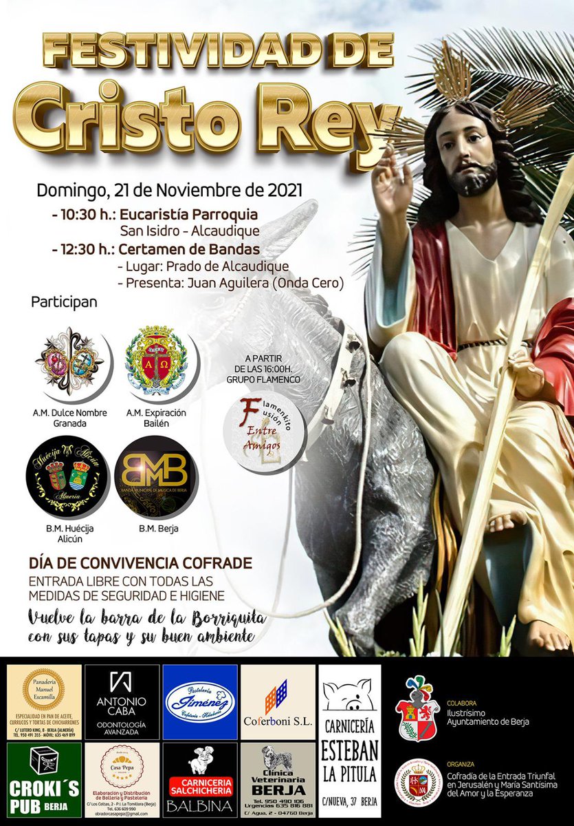 CruzGuiaAlmeria's tweet photo. BERJA: Celebración de la festividad de Cristo Rey en @BorriquitaBerja y certamen de bandas, en el que participarán @amdulcenombre, @expirabailen, @BMHuecijaAlicun y @BMMBerja. https://t.co/QPE6BuIzom