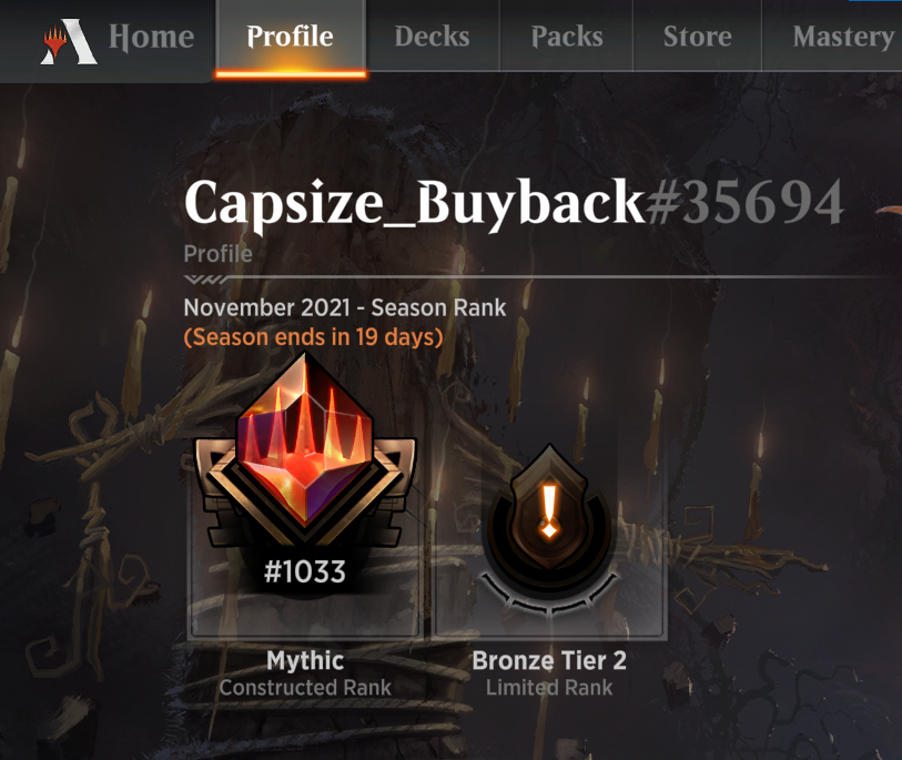 CapsizeBuyback's tweet photo. Irrelevant in... about 18 hours but here's the deck I got to mythic with before I draft for the rest of the season starting tomorrow. Lots of fun, only AWFUL matchup is Blood on the Snow/Lolth decks. @fireshoes
 @mtgazone
 #MTGArena https://t.co/rQTZskLZn1