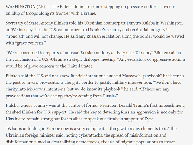 “We’re concerned by reports of unusual Russian military activity near Ukraine,” Blinken said at the conclusion of a U.S.-Ukraine strategic dialogue meeting. “Any escalatory or aggressive actions would be of grave concern to the United States.” 28/ https://apnews.com/article/william-burns-antony-blinken-ukraine-europe-russia-92eecff683cef43a4bc8f24837d83ff2