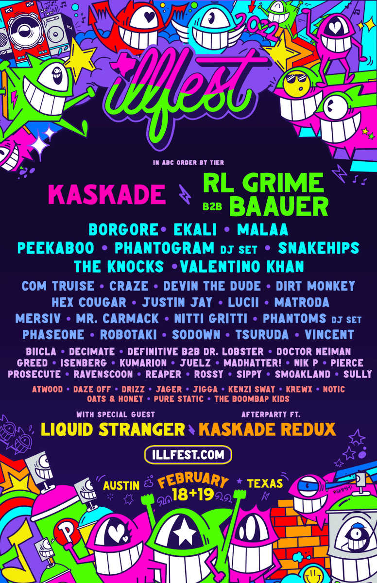 Your new February 2022 ILLfest lineup has arrived!🔥 ft. @kaskade, @RLGRIME B2B @baauer, @LiquidStranger, @EkaliMusic, @Malaamusic & many more. Tickets available now at illfest.com🎟️