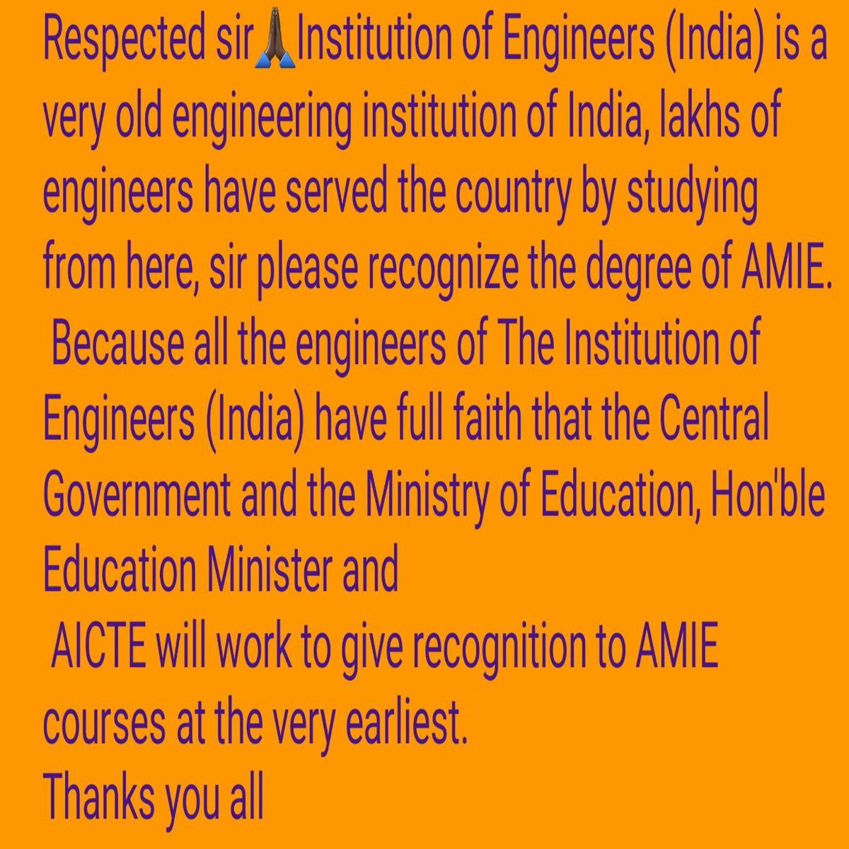 AMIEElectrical's tweet photo. @dpradhanbjp @AICTE_INDIA @EduMinOfIndia Please Recognise AMIE https://t.co/HVu0ICOMc1
