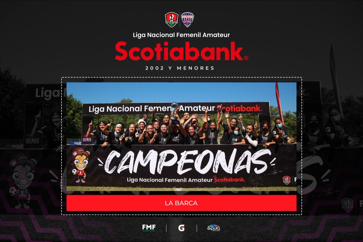 SectorAmateur's tweet photo. #LNFAS | Muchas felicidades La Barca 🏆 por ser campeonas 🥇 de la Liga Nacional Femenil Amateur Scotiabank en la categoría 2️⃣0️⃣0️⃣2️⃣ y menores.

#DondeNaceLaPasión #FMFPorNuestroFútbol @ScotiabankMX @ScotiabankFC @gatorademex @epuraoficial https://t.co/qiZJxJ1wxE