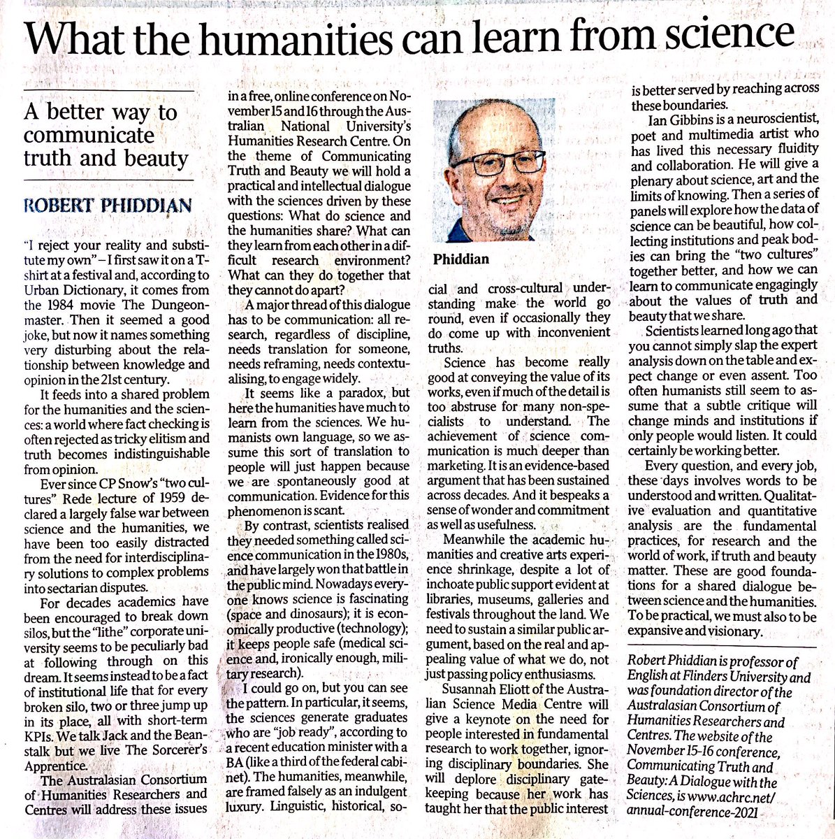 ACHRC (@achrc) on Twitter photo Prof. Robert Phiddian wrote a piece for <a href="/australian/">The Australian</a> on our upcoming Annual Conference: 'What the #humanities can learn from #science' (10/11/2021). There is still time to register: eventbrite.com.au/e/communicatin… Prof. Robert Phiddian wrote a piece for <a href="/australian/">The Australian</a> on our upcoming Annual Conference: 'What the #humanities can learn from #science' (10/11/2021). There is still time to register: eventbrite.com.au/e/communicatin…