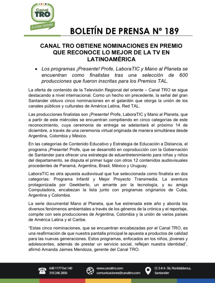 AmandaJaimesM's tweet photo. Por primera vez en su historia, el @CanalTRO obtiene nominaciones en una premiación a nivel internacional. Las producciones finalistas fueron seleccionadas entre 600 programas inscritos para este galardón de @talredok. La señal del #GranSantander celebra estos reconocimientos. https://t.co/wtzyTe38d6
