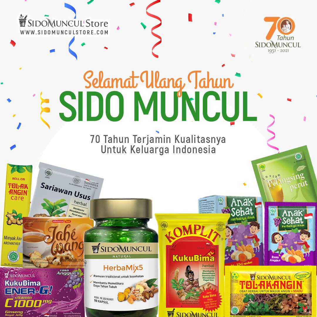 Sidomunculstore's tweet photo. 70 tahun sudah Sido Muncul menemani keluarga Indonesia dengan berbagai inovasi produk herbal berkualitas. Bertambahnya usia, diharapkan bertambah pula manfaat untuk pelanggan setia Sido Muncul. https://t.co/bmaW80XPda