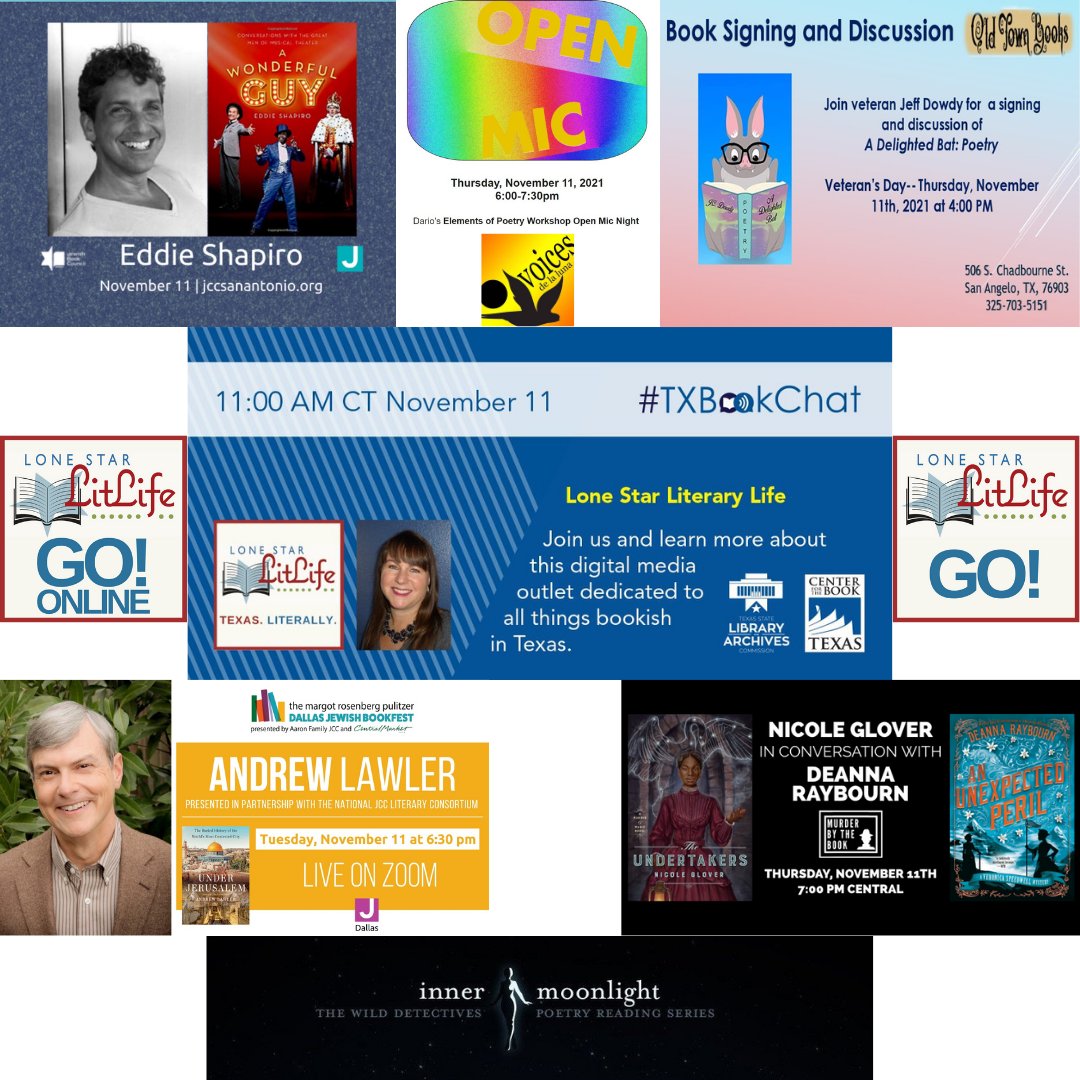 LoneStarLit's tweet photo. Your #BookishEvents 11/11, 2021.
Link up on #LoneStarLit:
https://t.co/haHAxdXJIW
@TSLAC @kristinethall @TwigBooks @VDLL_Mag @JCCDallas @murderbooks @nicoleglower @deannaraybourn @bookwomanaustin @WildDetectives
#TXBookChat https://t.co/CUQqf6T6wq
