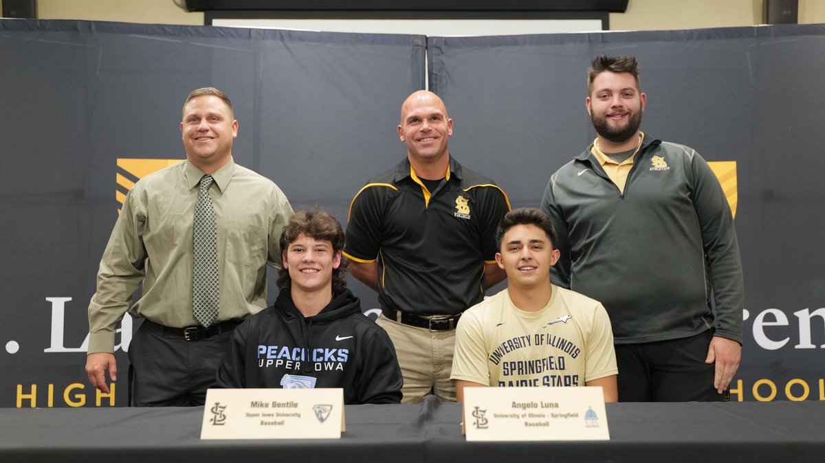 stlbaseball1's tweet photo. Congratulations to Mike Gentile (Upper Iowa) and Angelo Luna (Illinois-Springfield) on signing their NLI this afternoon! #VikingWarriors https://t.co/yqWeUmVjHM