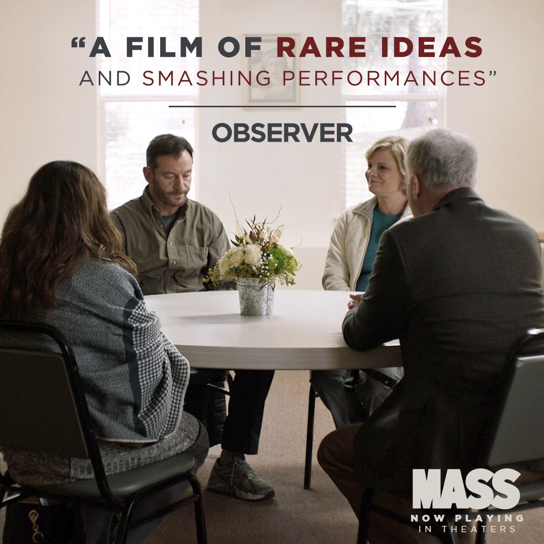Experience a "truthfulness that fills the screen with life" (<a href="/Observer/">Observer</a>) in Fran Kranz's MASS - starring Reed Birney, Ann Dowd, Jason Isaacs, and Martha Plimpton. Now playing in theaters. Get tickets: mass.movie #MassMovie