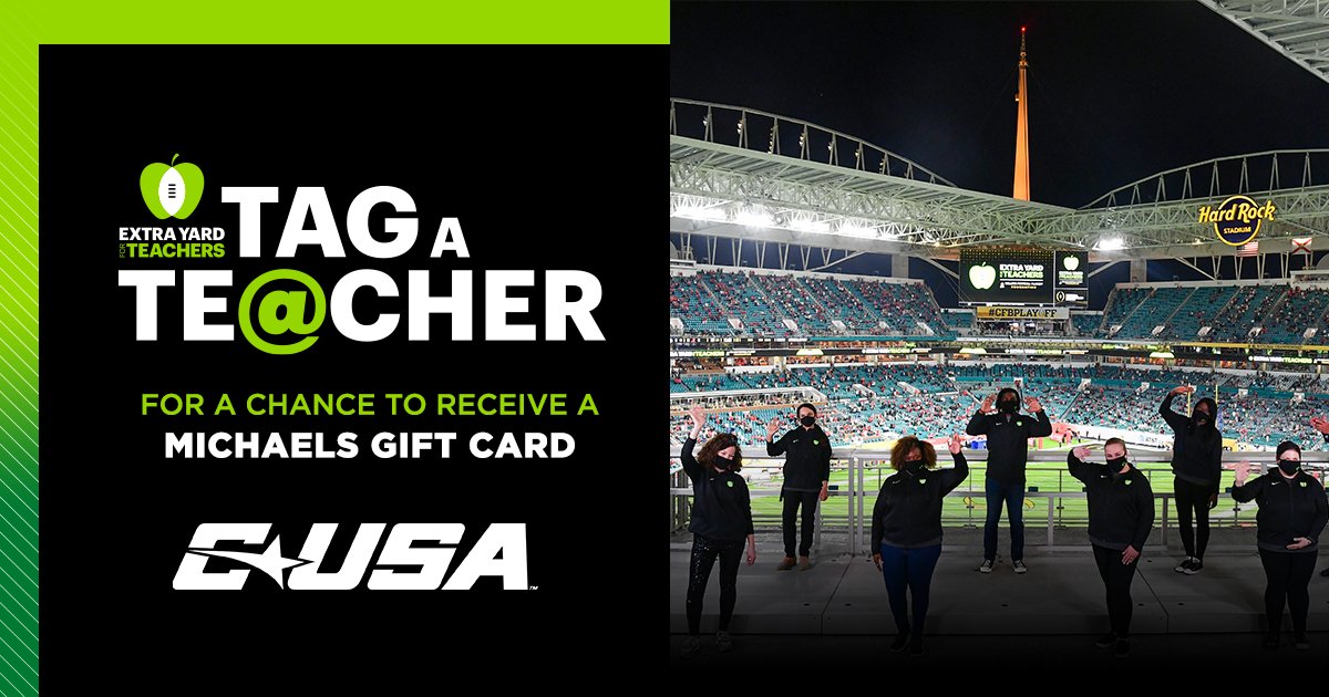 ConferenceUSA's tweet photo. After a few weeks off, we're back at it with our #TagATeacher campaign!

Just two more chances to win a $500 @MichaelsStores gift card 🎁

Reply to this tweet and tag a teacher that you think deserves the Michaels cash for their classrooms!

#GreatTeachersChangLives 🍏 https://t.co/4mlczEWXs8