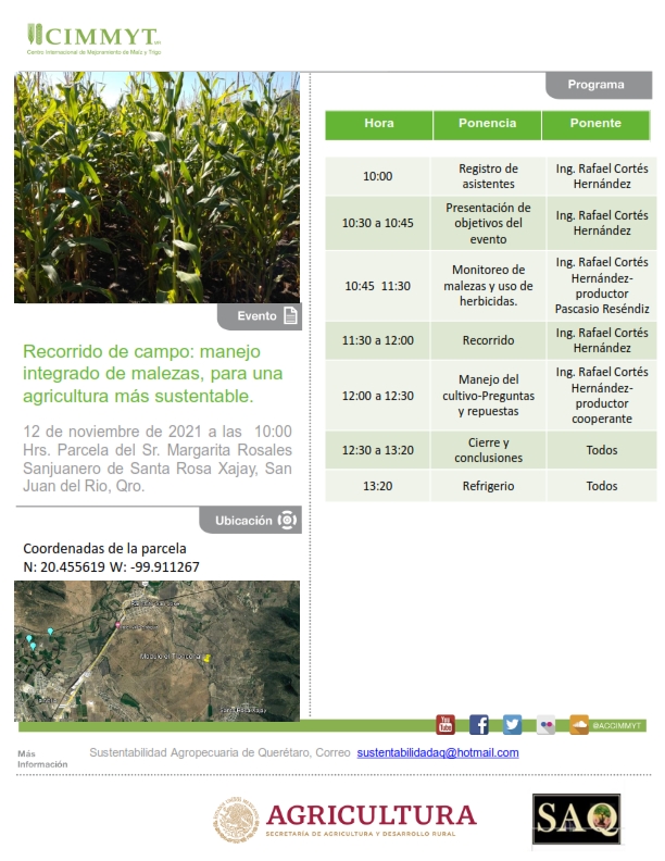 Amigo productor, si eres de los que siempre buscan nuevas alternativas para mejorar tu cultivo en base a una agricultura sustentable no te puede perder este viernes 12 nuestro recorrido de campo en San Juan del Río, porque #sincamponohayciudad
<a href="/ACCIMMYT/">ACCIMMYT</a> 
<a href="/HubBajio/">Hub Bajío</a>