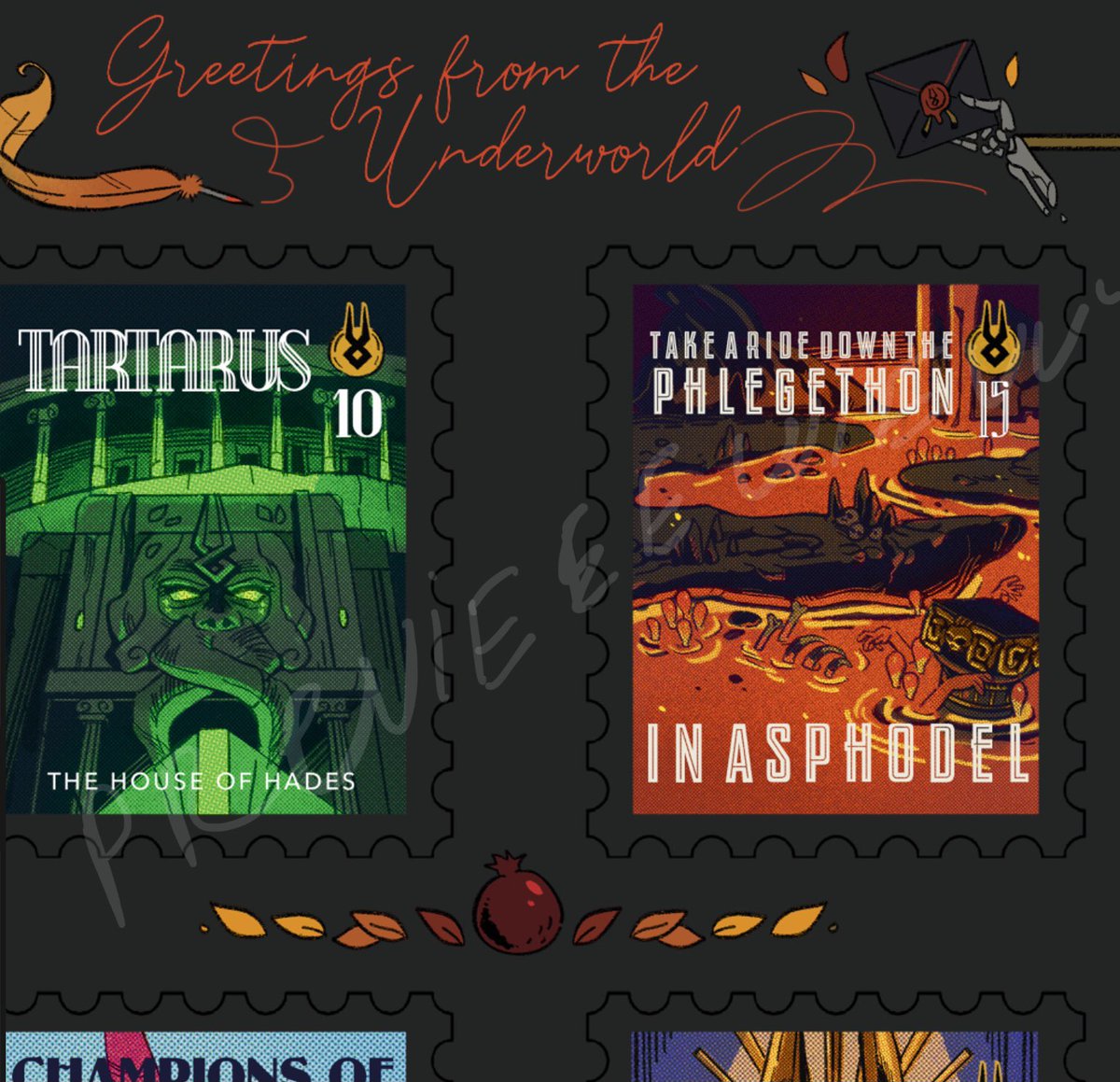sent the underworld post stamp stickers and gold foil charon postcard to the manu so I can open my sh0p next week 🤞✨ also making some bonus hermes themed post stamp stickers 💌👀🕊