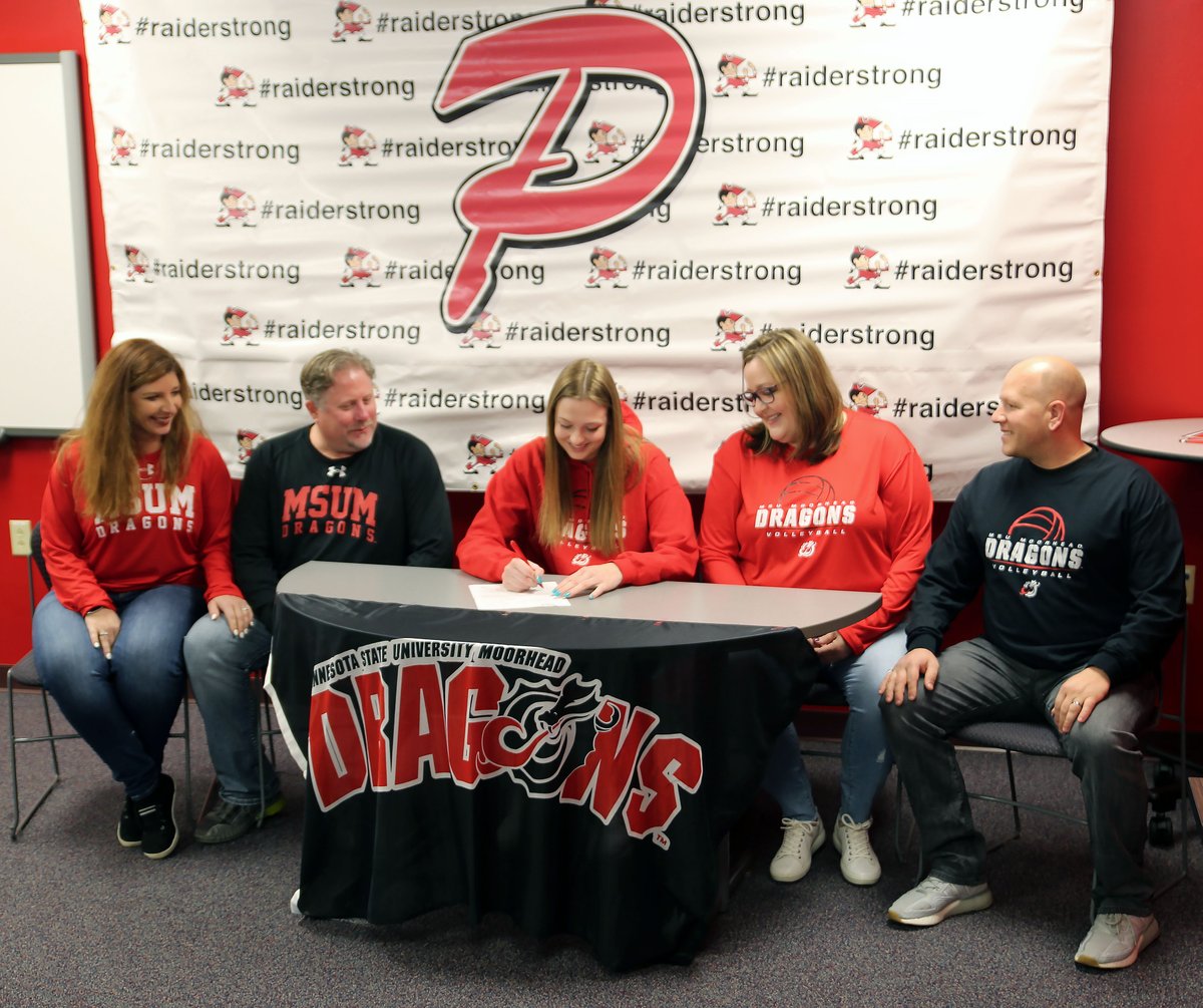 BVanEnkenvoort's tweet photo. Congratulations to @PCSD_PHS senior Jocelin Feutz, who today, in front of family, coaches, PHS volleyball teammates and friends, signed a letter of intent to play Division II volleyball at Minnesota State University Moorhead. #RaiderStrong https://t.co/kGRQqLeuYA