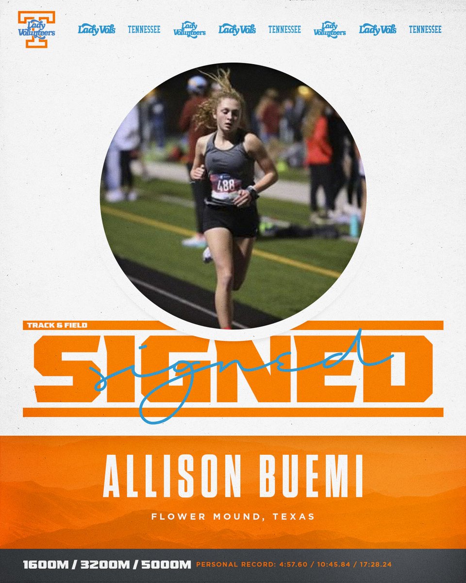 Vol Nation, help us welcome home to Rocky Top our next signee, Allison Buemi!

• Ranked 13th in Texas in the 3200m in 2021

#GBO x #NSD22