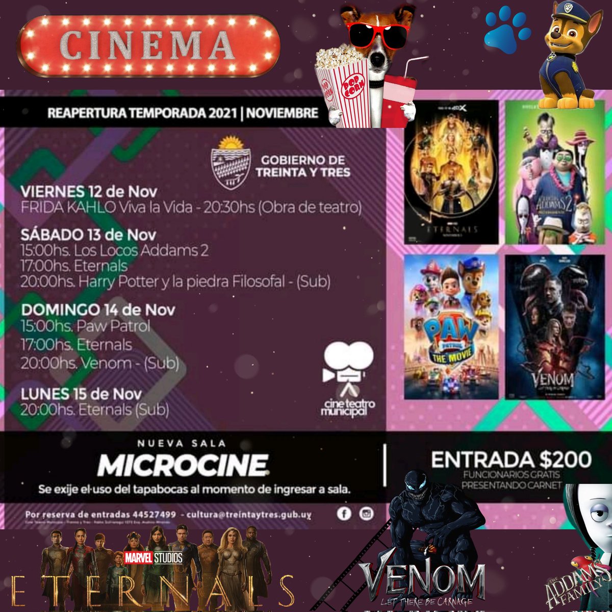 VivianaDriver's tweet photo. Calendario de Cine 📽 en Treinta y Tres 📣#eternals #PAWPatrol #VenomLetThereBeCarnage #loslocosaddams2 #cine #movies https://t.co/Er1nb6Nn8r