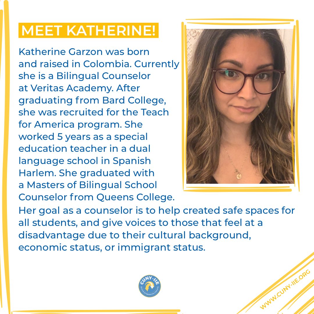 cuny_iie's tweet photo. Katherine is another of our Immigrant liaisons! She works as a bilingual counselor and has also been an educator. Katherine wants to create safe spaces for young Immigrant students, we are grateful for her in this role!
#ImmigrantLiaisonProgram
#CUNYIIE #CUNY https://t.co/IkWX6vEh8q