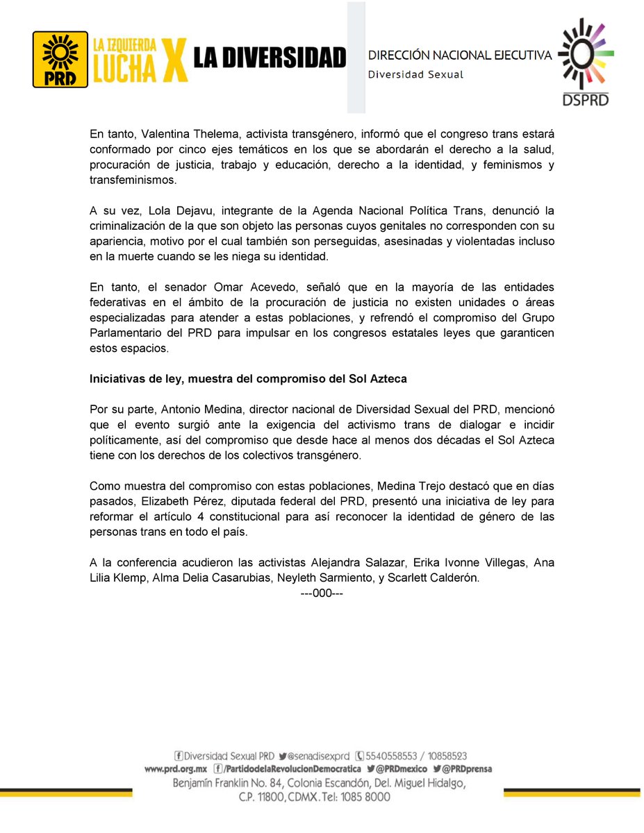 senadisexprd's tweet photo. 📢🏳️‍⚧️ #Entérate | Activistas anunciaron el #PrimerCongresoNacionalTrans en el que junto con el @PRDMexico, abordarán temas sobre salud, derechos humanos, identidad de género, procuración de justicia, trabajo y educación. 👇👇👇 https://t.co/CgKdiHzlGv