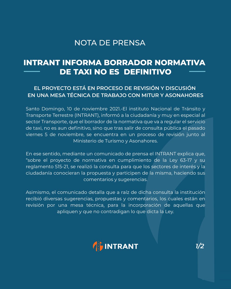 INTRANT_RD's tweet photo. #INTRANTNoticias 📰 | INTRANT informa borrador normativa de taxi no es definitivo.
📙El proyecto está en proceso de revisión y discusión en una mesa técnica de trabajo con el Ministerio de @TurismoRD y @ASONAHORESRD.
⤵️https://t.co/ZTCqOkVIM2 https://t.co/nor4KEBiuN