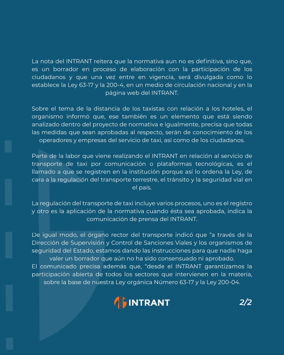 INTRANT_RD's tweet photo. #INTRANTNoticias 📰 | INTRANT informa borrador normativa de taxi no es definitivo.
📙El proyecto está en proceso de revisión y discusión en una mesa técnica de trabajo con el Ministerio de @TurismoRD y @ASONAHORESRD.
⤵️https://t.co/ZTCqOkVIM2 https://t.co/nor4KEBiuN
