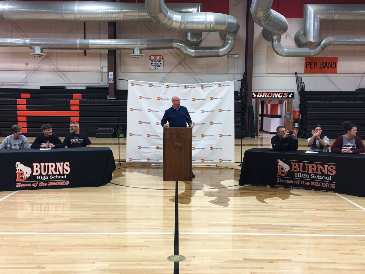 jjohnke's tweet photo. Burns’ Logan Branigan (Western Colorado wrestling) and Rylee Jo Ward (Chadron State volleyball) signing letters of intent this afternoon. #wyosports https://t.co/rXjWx98mrT