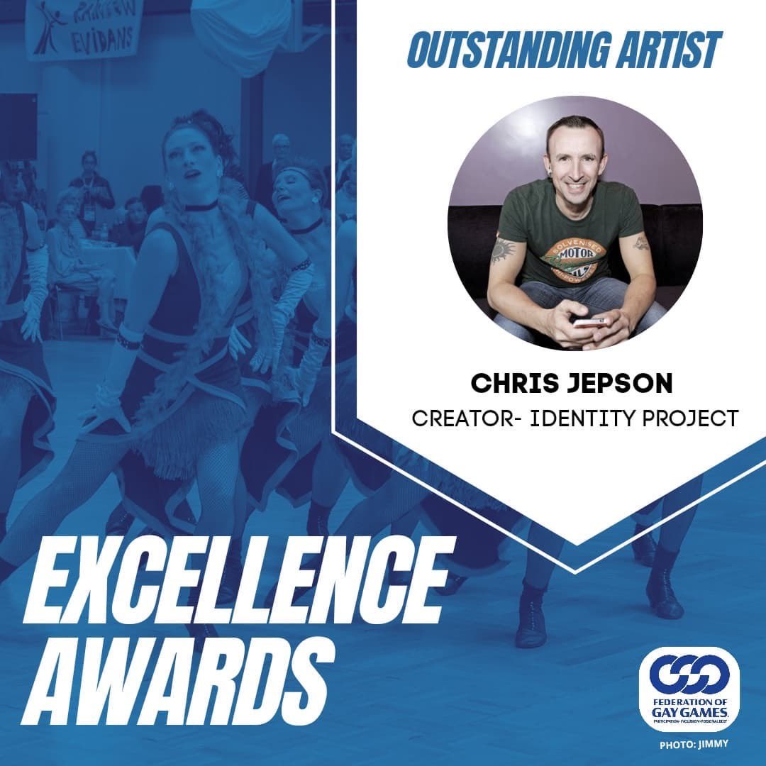ChrisJepson's tweet photo. Totally blown away to receive the Federation of @GayGames Annual Excellence Award for the Identify Project, for  someone who has made significant effort to portray LGBTQ+ people; challenge homophobia or transphobia; and/or make opportunities for LGBTQ+ lives to be +LG recognised. https://t.co/OX1XeE2xJe
